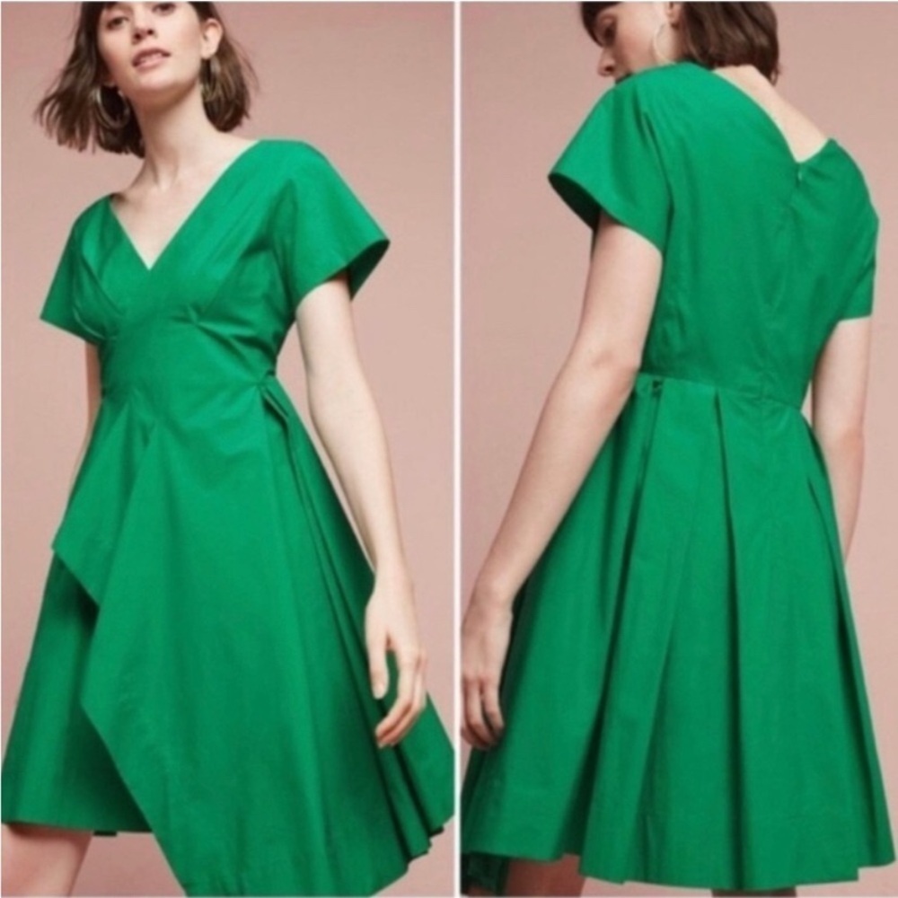 MAEVE ANTHROPOLOGIE SEAMED POPLIN
ORIGAMI PLEATED EMERALD GREEN MIDI DRESS‎ SZ 2